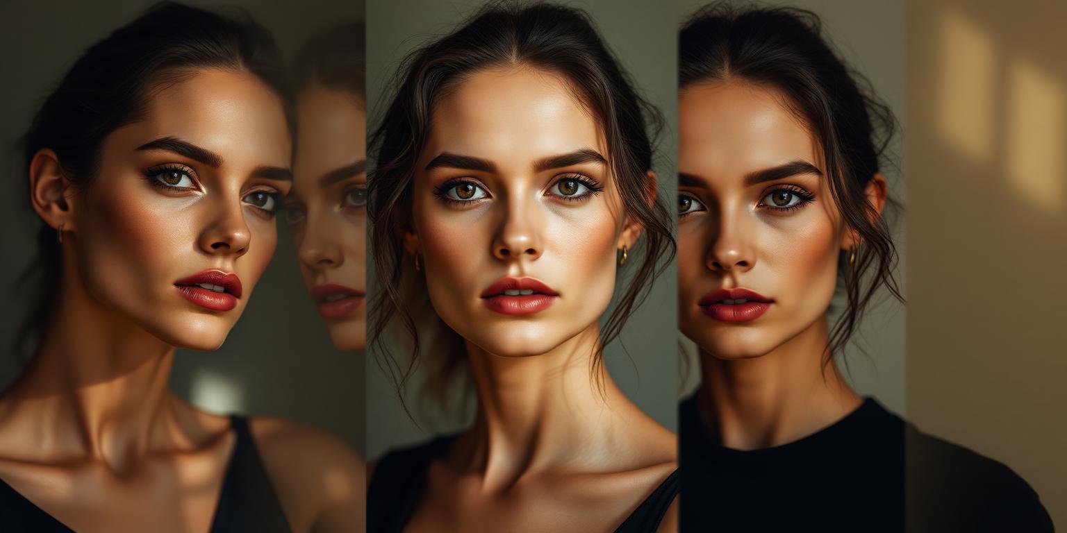 Multiple portrait studies of one woman in shifting navy and gold light