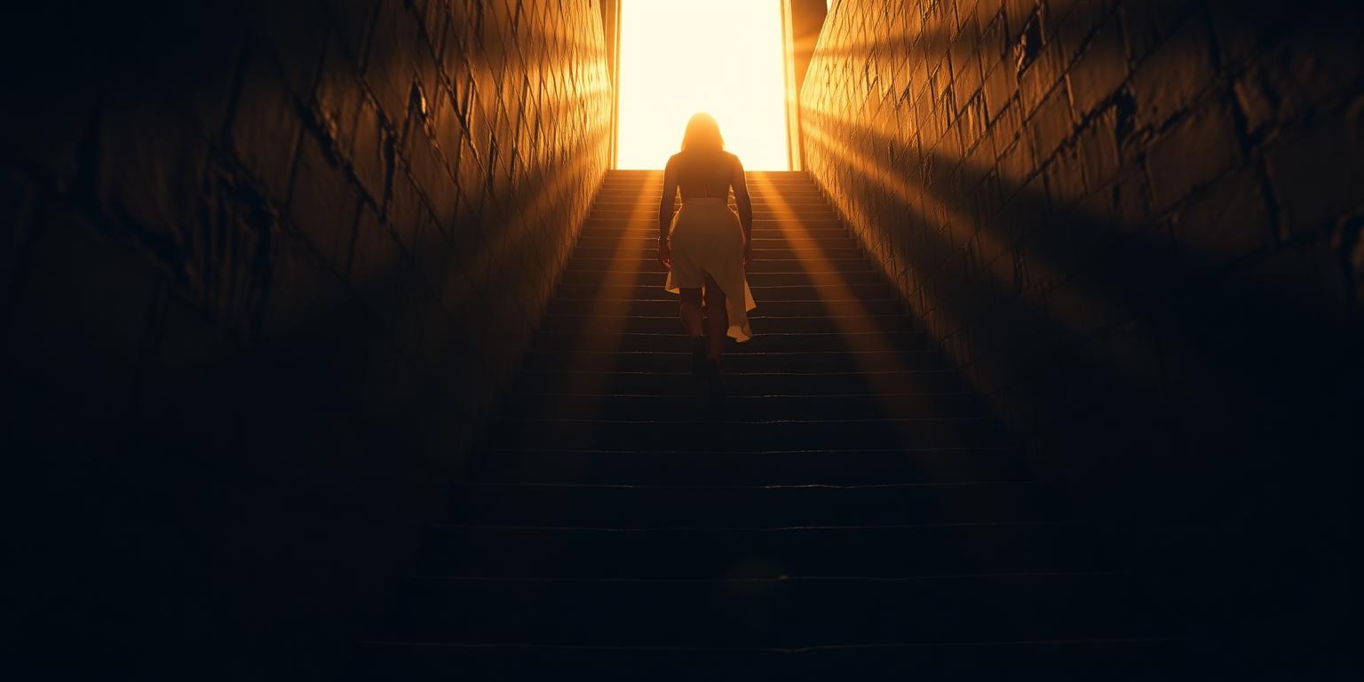 A woman ascending a dark staircase toward golden light
