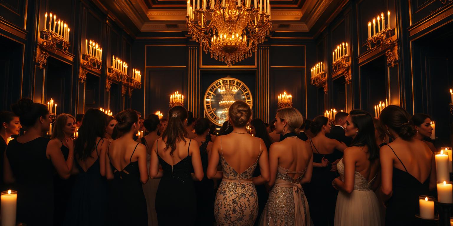 Women in formal attire gathered in a candlelit navy and gold hall