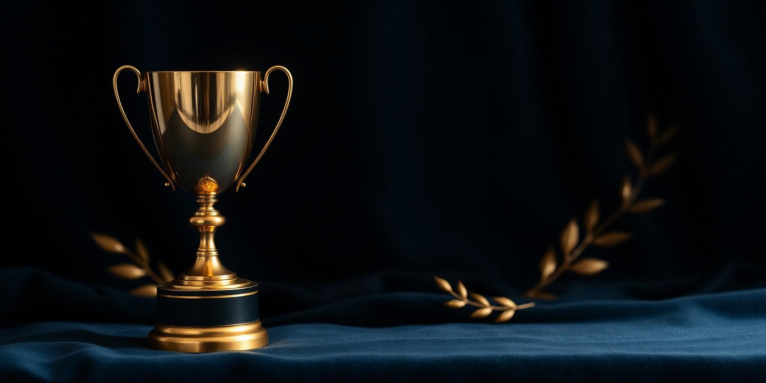 A gold trophy and laurel branches on dark navy velvet
