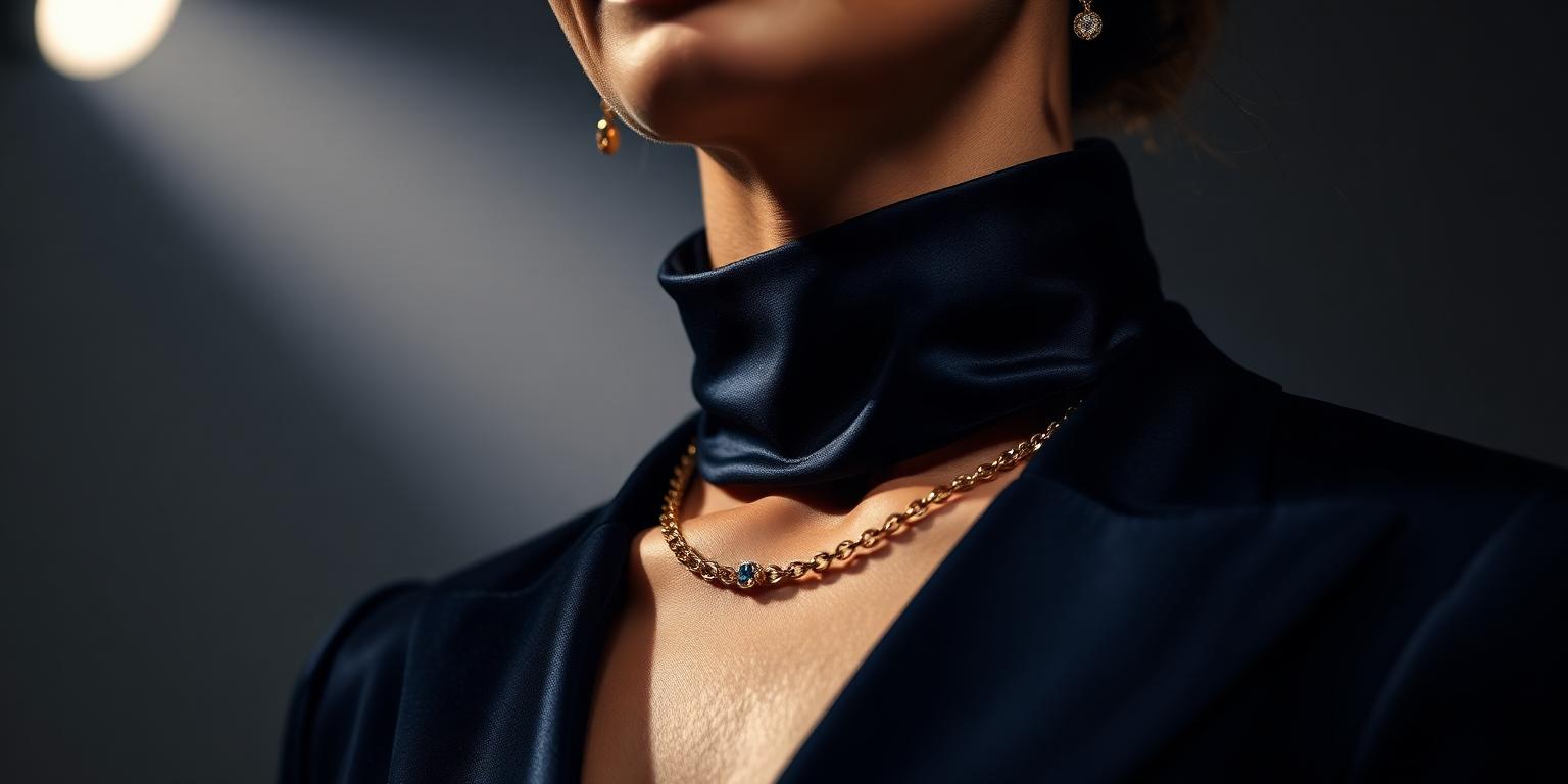 Close-up of a woman in navy silk with gold jewellery under dramatic light